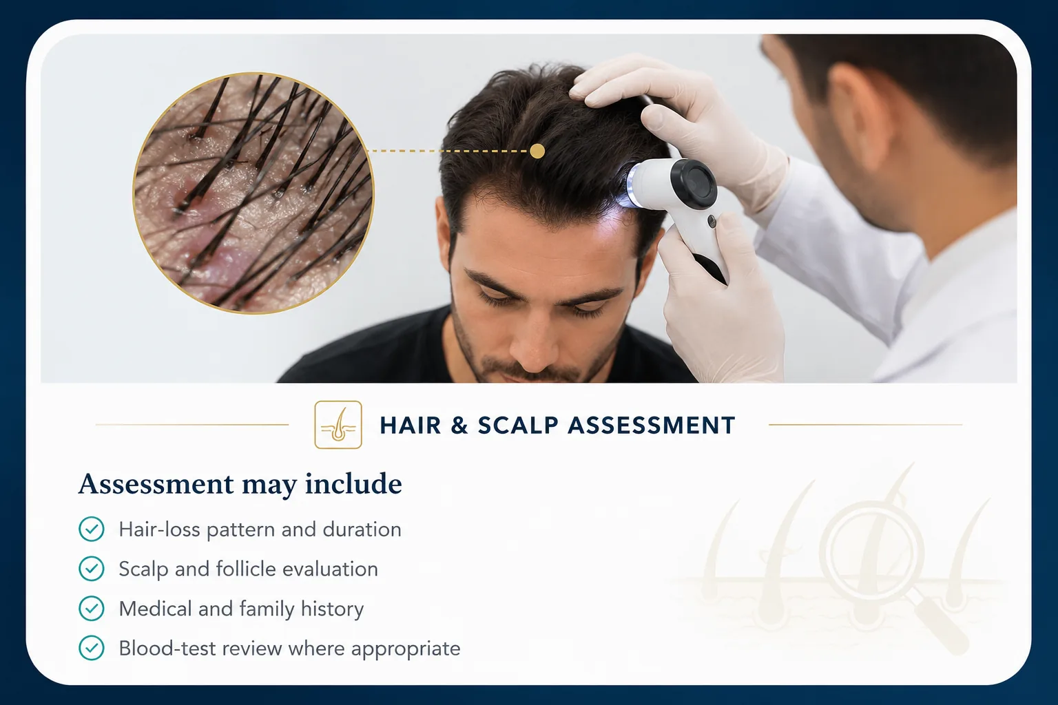 Doctor performing a professional hair and scalp assessment