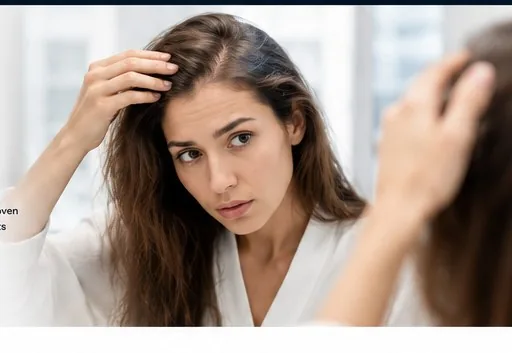 Woman examining thinning hair and widening part line in a mirror